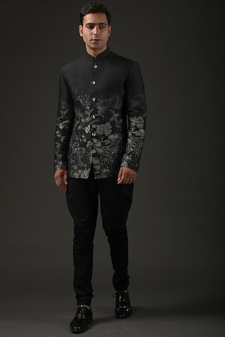 Black Chanderi Silk Shibori Printed Bandhgala by Rohit Bal Men