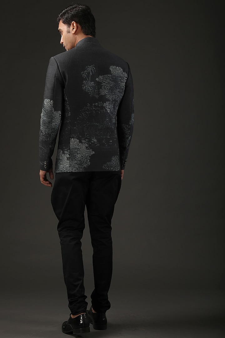 Black Chanderi Silk Shibori Printed Wedding Bandhgala by Rohit Bal Men at Pernia's Pop Up Shop