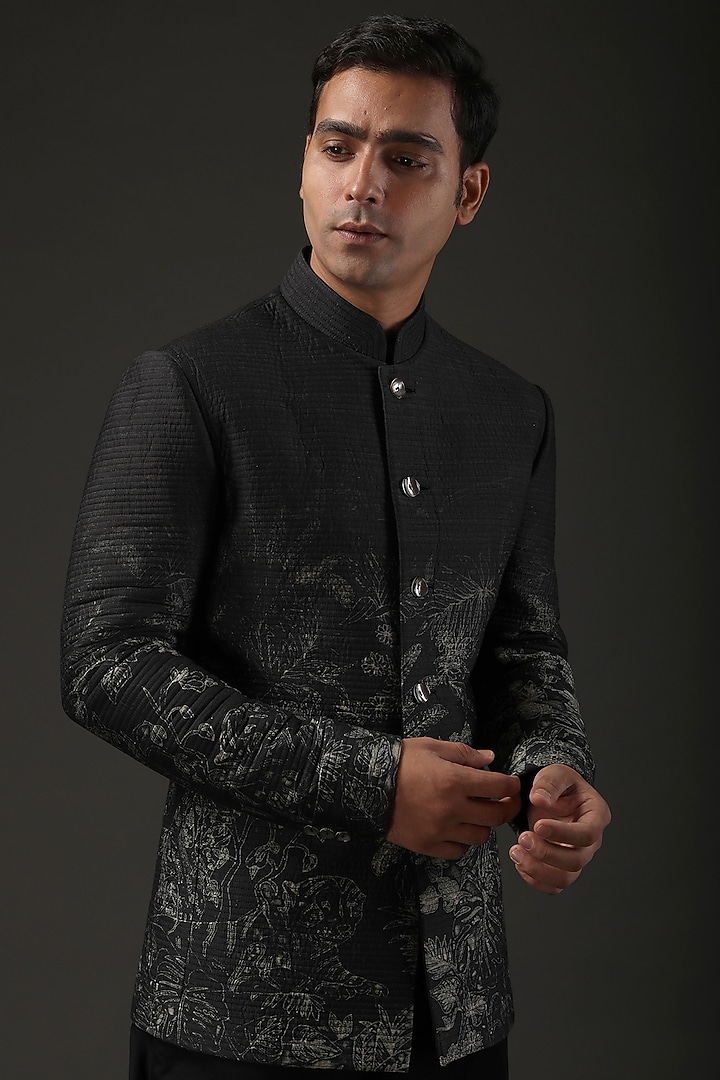 Black Chanderi Silk Shibori Printed Wedding Bandhgala by Rohit Bal Men at Pernia's Pop Up Shop