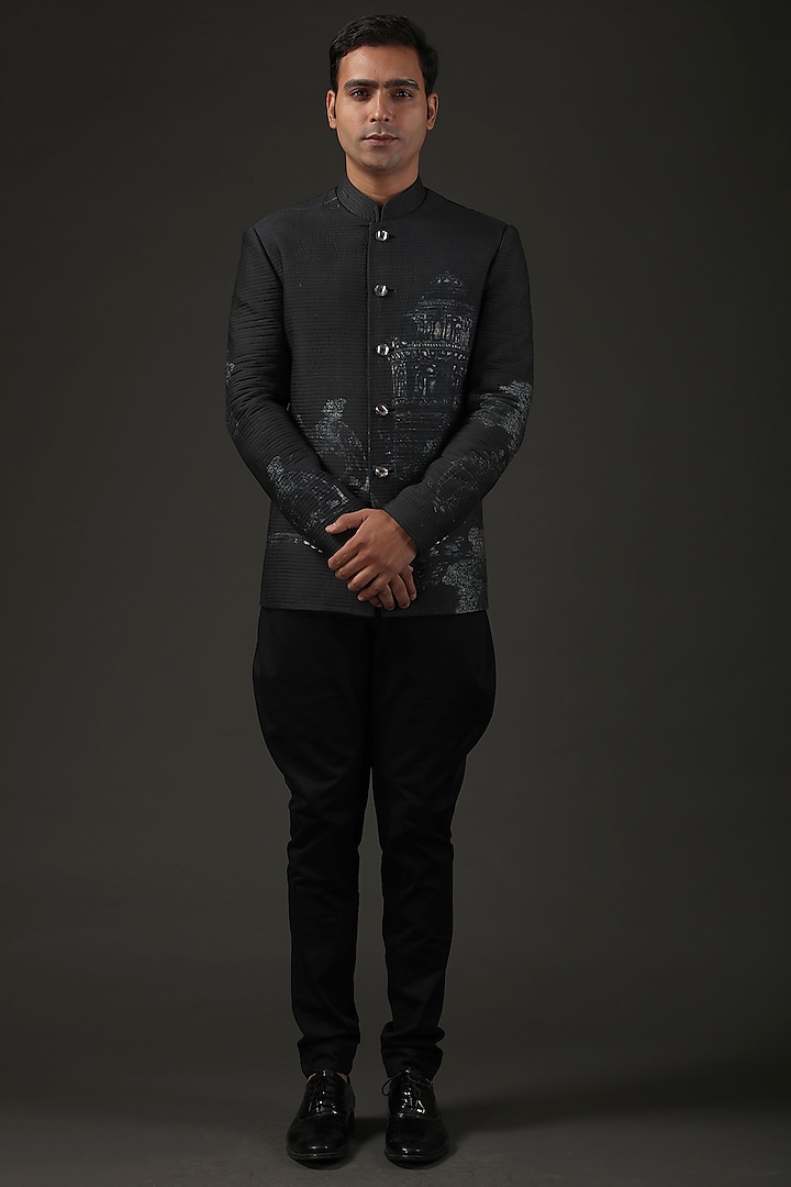 Black Printed Bandhgala Jacket by Rohit Bal Men