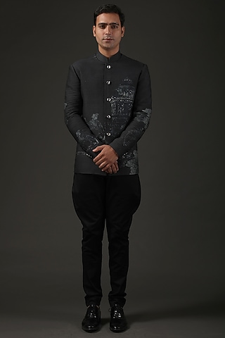 Black Chanderi Silk Shibori Printed Bandhgala by Rohit Bal Men