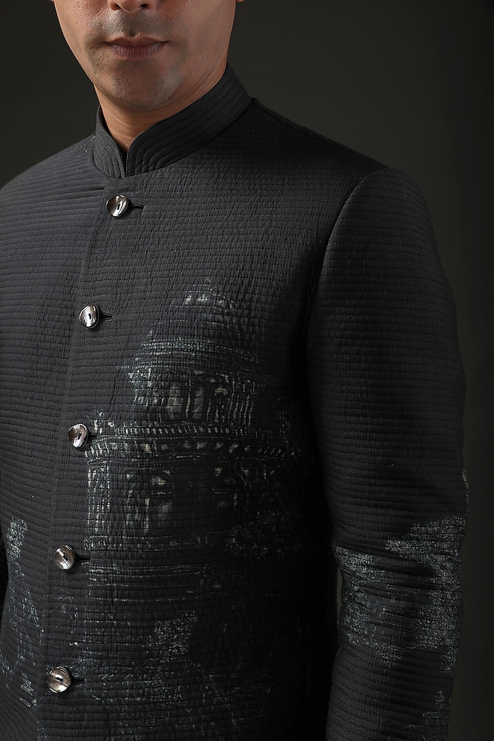 Black Chanderi Silk Shibori Printed Wedding Bandhgala by Rohit Bal Men at Pernia's Pop Up Shop
