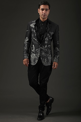 Black Chanderi Silk Shibori Printed Tuxedo by Rohit Bal Men
