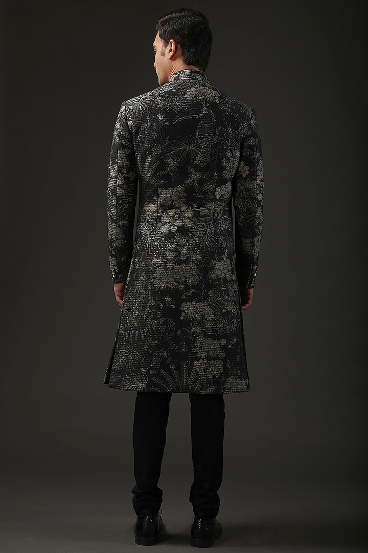 Black Chanderi Silk Shibori Printed Groom Sherwani by Rohit Bal Men at Pernia's Pop Up Shop