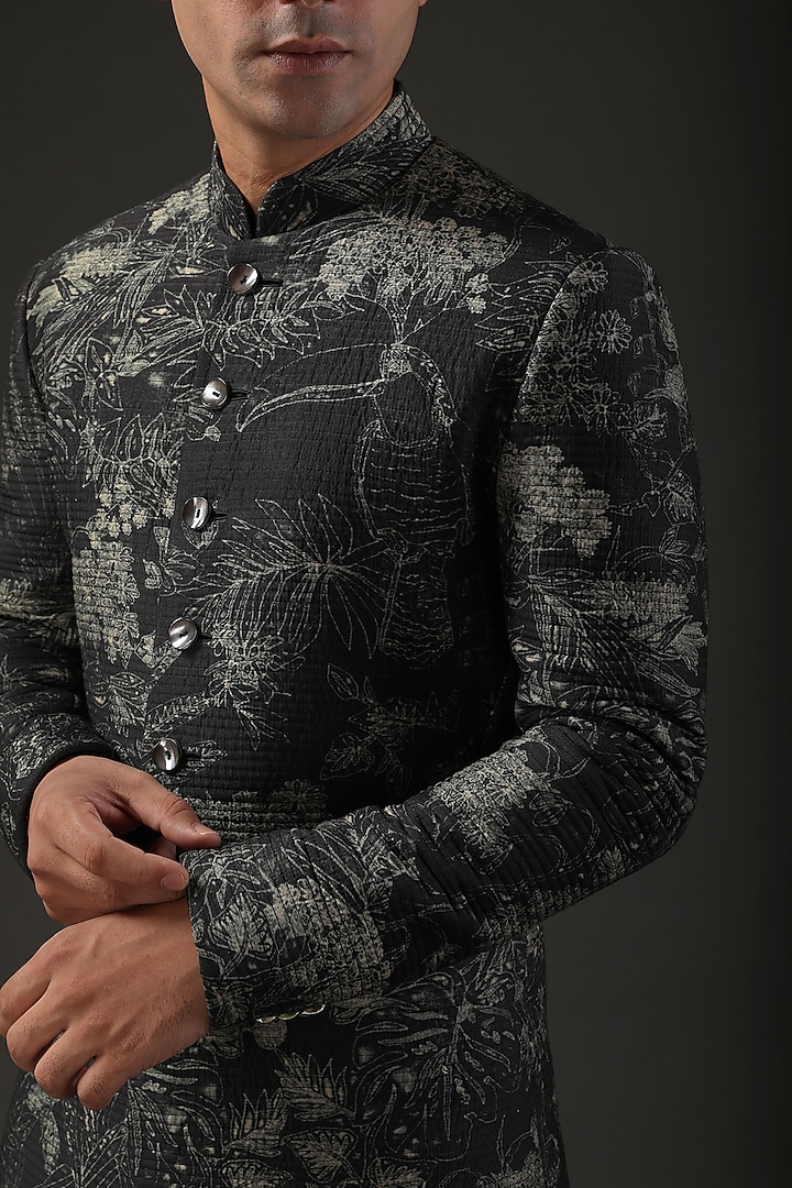 Black Chanderi Silk Shibori Printed Groom Sherwani by Rohit Bal Men at Pernia's Pop Up Shop