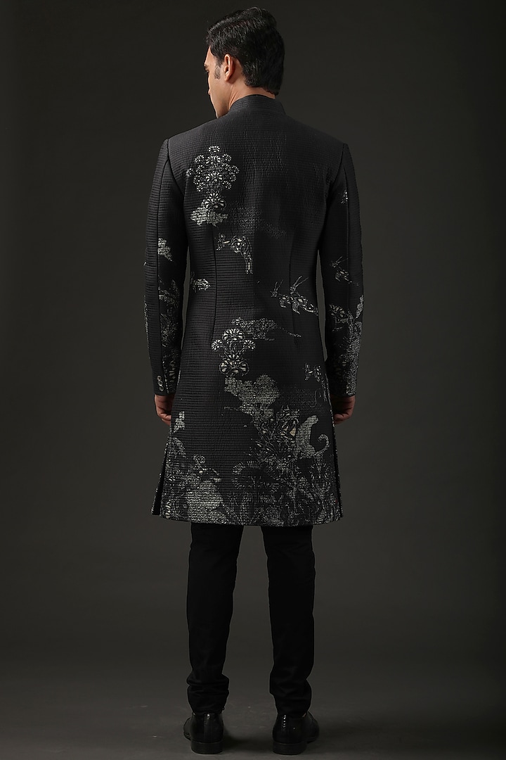 Black Chanderi Silk Shibori Printed Groom Sherwani by Rohit Bal Men at Pernia's Pop Up Shop