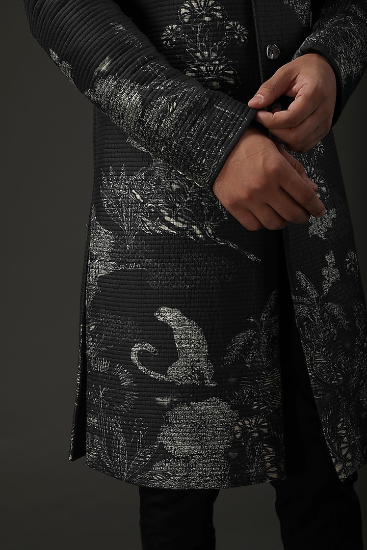 Black Chanderi Silk Shibori Printed Groom Sherwani by Rohit Bal Men at Pernia's Pop Up Shop