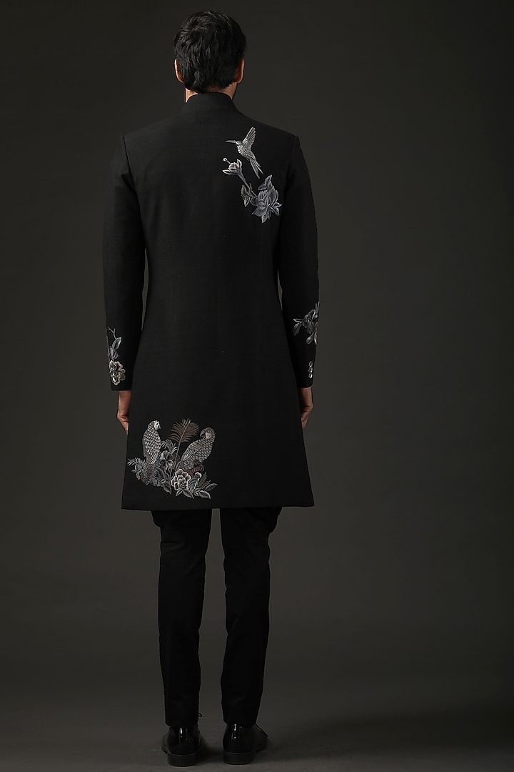 Black Matka Silk Shibori Printed Groom Sherwani by Rohit Bal Men at Pernia's Pop Up Shop