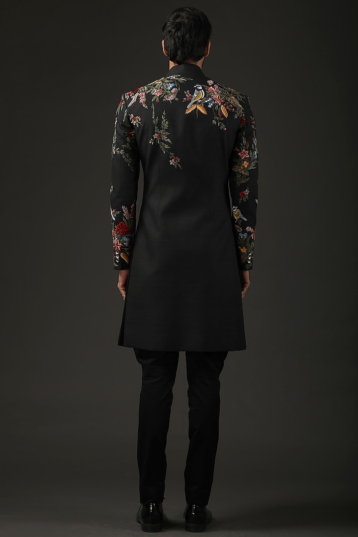 Black Matka Silk Resham Embroidered Groom Sherwani by Rohit Bal Men at Pernia's Pop Up Shop