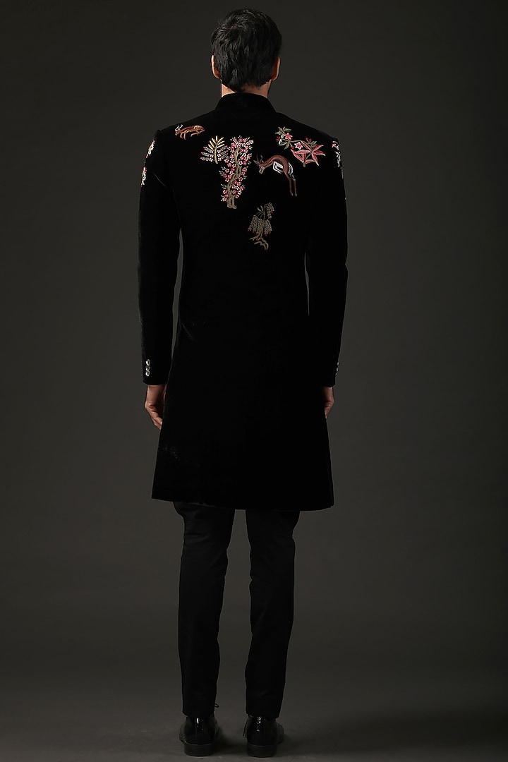Black Silk Velvet Resham Embroidered Groom Sherwani by Rohit Bal Men at Pernia's Pop Up Shop