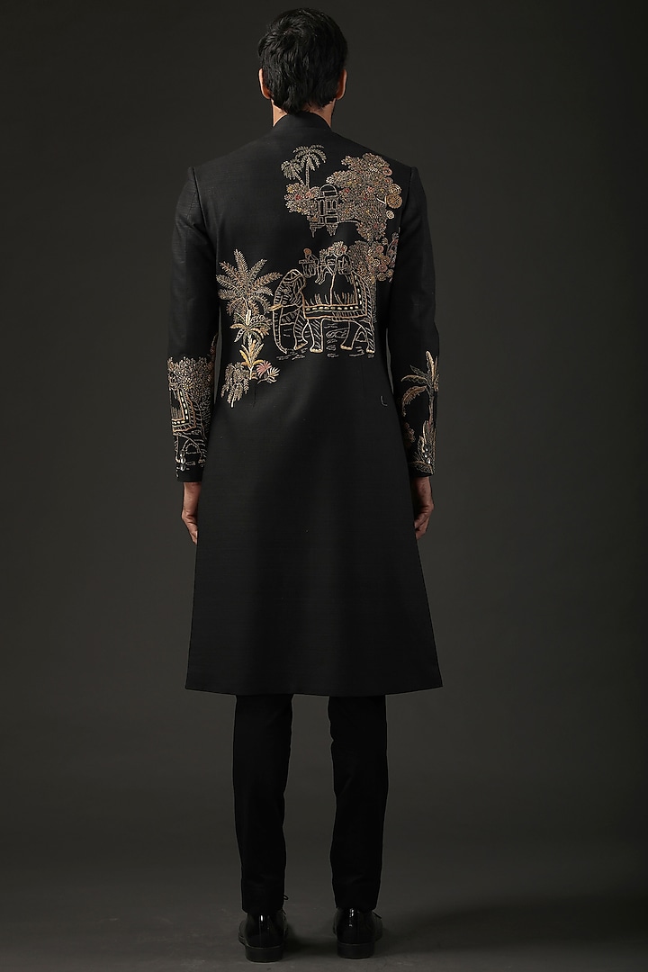 Black Matka Silk Resham Embroidered Groom Sherwani by Rohit Bal Men at Pernia's Pop Up Shop
