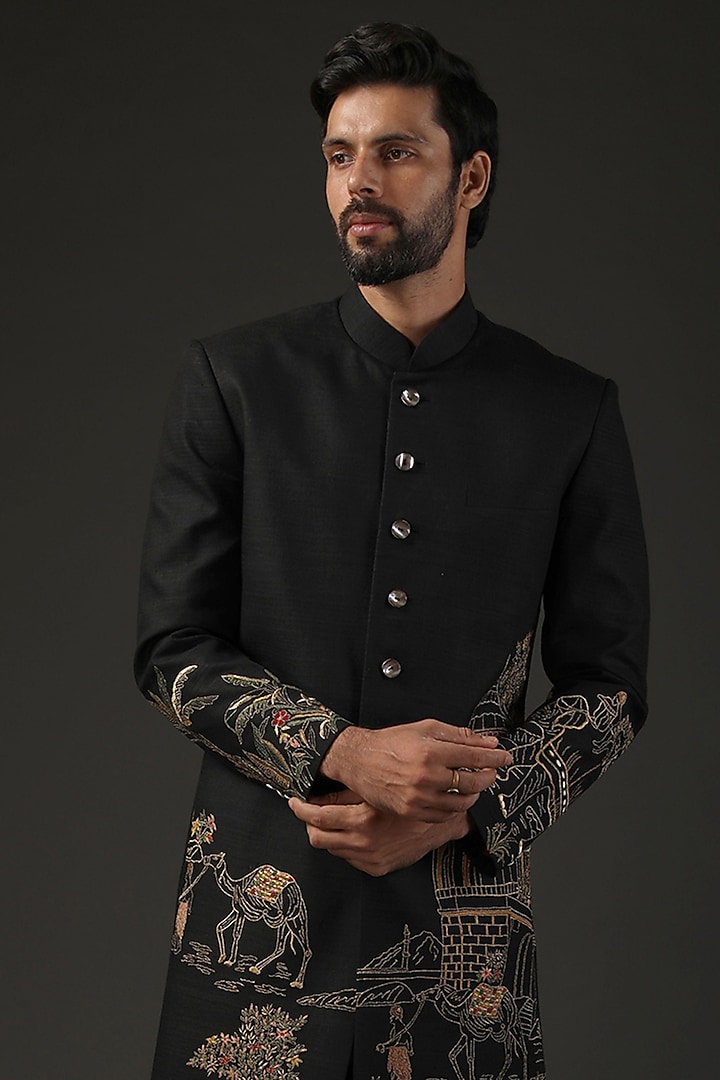 Black Matka Silk Resham Embroidered Groom Sherwani by Rohit Bal Men at Pernia's Pop Up Shop