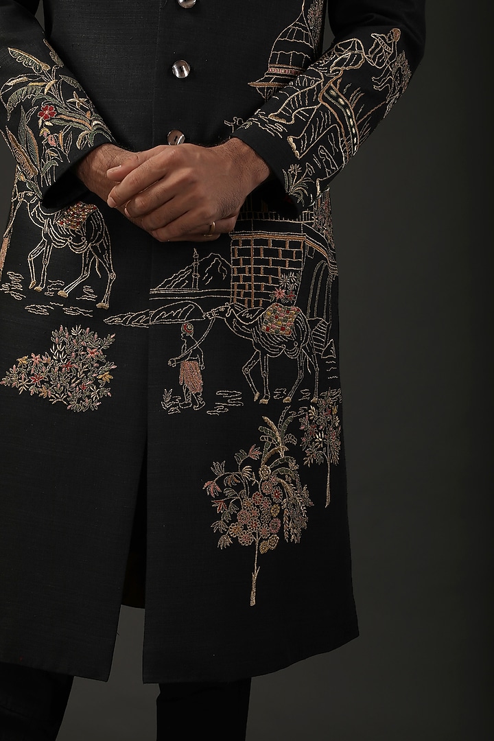 Black Matka Silk Resham Embroidered Groom Sherwani by Rohit Bal Men at Pernia's Pop Up Shop
