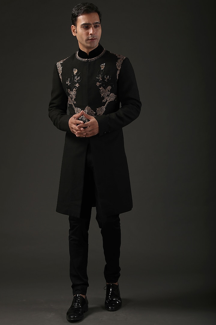 Black Matka Silk Zari Embroidered Groom Sherwani by Rohit Bal Men at Pernia's Pop Up Shop