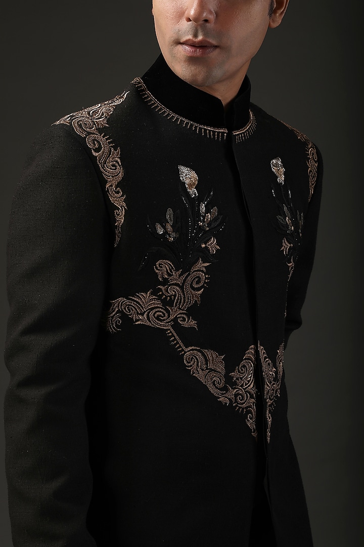 Black Matka Silk Zari Embroidered Groom Sherwani by Rohit Bal Men at Pernia's Pop Up Shop