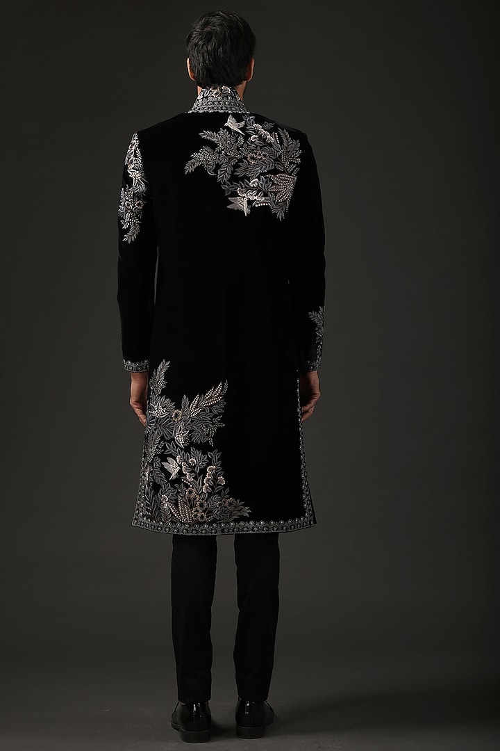 Black Silk Velvet Thread Embroidered Groom Sherwani by Rohit Bal Men at Pernia's Pop Up Shop
