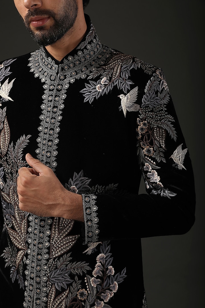 Black Silk Velvet Thread Embroidered Groom Sherwani by Rohit Bal Men at Pernia's Pop Up Shop