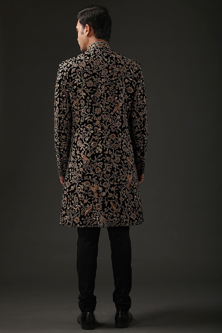 Black Silk Velvet Zari Embroidered Groom Sherwani by Rohit Bal Men at Pernia's Pop Up Shop