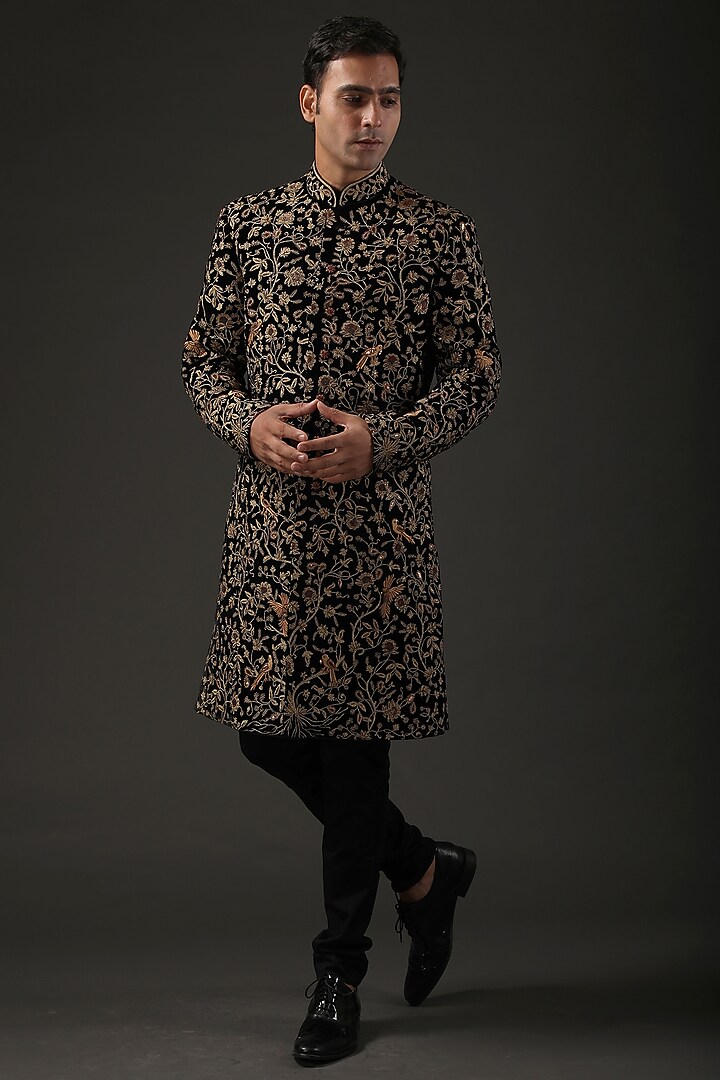 Black Silk Velvet Zari Embroidered Groom Sherwani by Rohit Bal Men at Pernia's Pop Up Shop