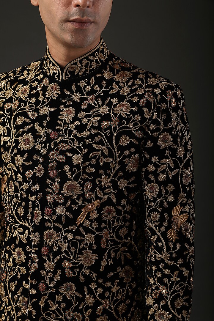 Black Silk Velvet Zari Embroidered Groom Sherwani by Rohit Bal Men at Pernia's Pop Up Shop