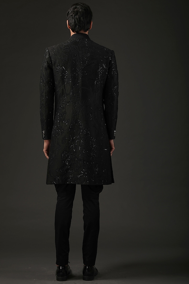 Black Chanderi Silk Thread Embroidered Groom Sherwani by Rohit Bal Men at Pernia's Pop Up Shop