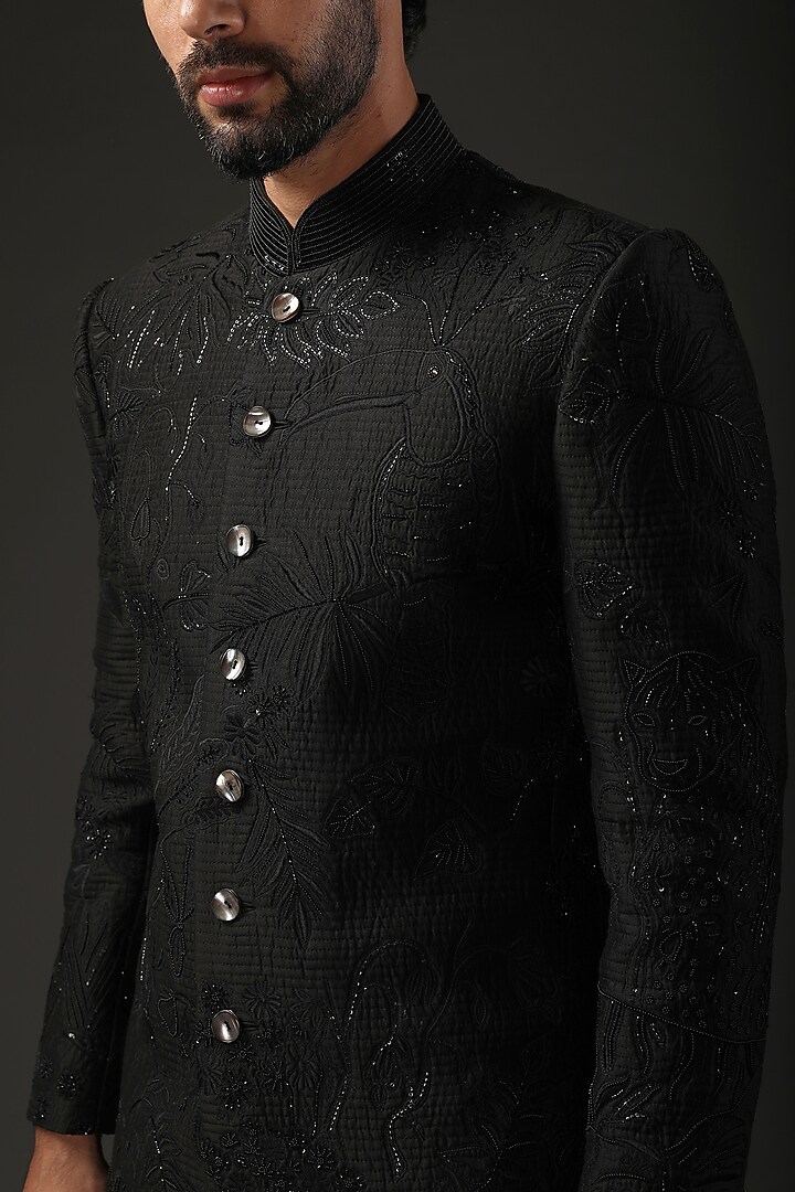Black Chanderi Silk Thread Embroidered Groom Sherwani by Rohit Bal Men at Pernia's Pop Up Shop