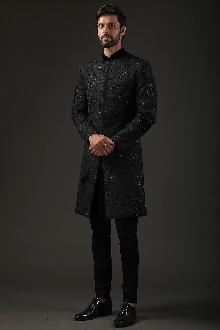 Black Matka Silk Embroidered Sherwani by Rohit Bal Men