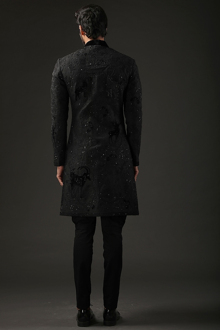 Black Matka Silk Thread Embroidered Groom Sherwani by Rohit Bal Men at Pernia's Pop Up Shop