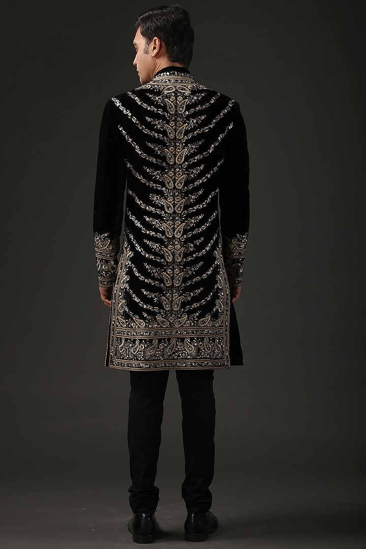 Black Silk Velvet Resham Embroidered Groom Sherwani by Rohit Bal Men at Pernia's Pop Up Shop
