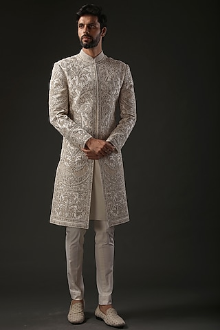 Ivory Matka Silk Dori Embroidered Sherwani by Rohit Bal Men