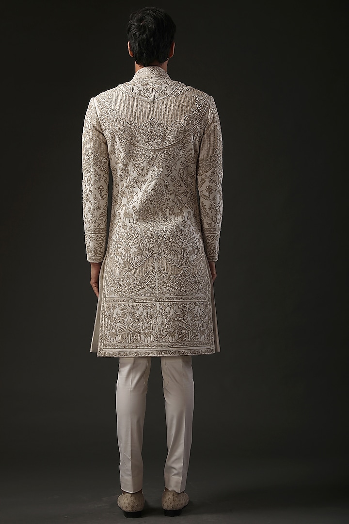 Ivory Matka Silk Dori Embroidered Groom Sherwani by Rohit Bal Men at Pernia's Pop Up Shop
