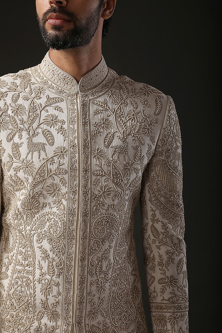 Ivory Matka Silk Dori Embroidered Groom Sherwani by Rohit Bal Men at Pernia's Pop Up Shop