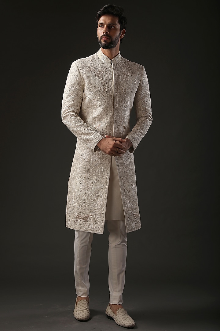 Ivory Matka Silk Dori Embroidered Groom Sherwani by Rohit Bal Men at Pernia's Pop Up Shop
