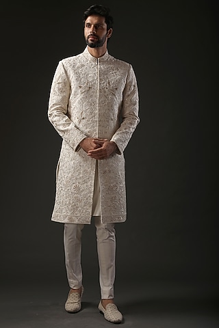 Ivory Matka Silk Resham Embroidered Sherwani by Rohit Bal Men