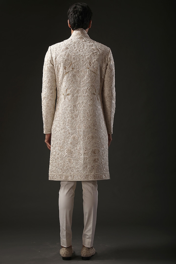 Ivory Matka Silk Resham Embroidered Groom Sherwani by Rohit Bal Men at Pernia's Pop Up Shop