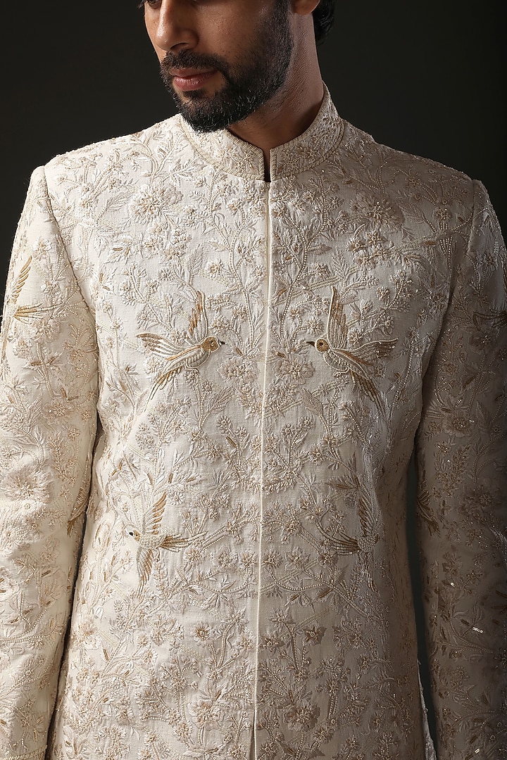 Ivory Matka Silk Resham Embroidered Groom Sherwani by Rohit Bal Men at Pernia's Pop Up Shop
