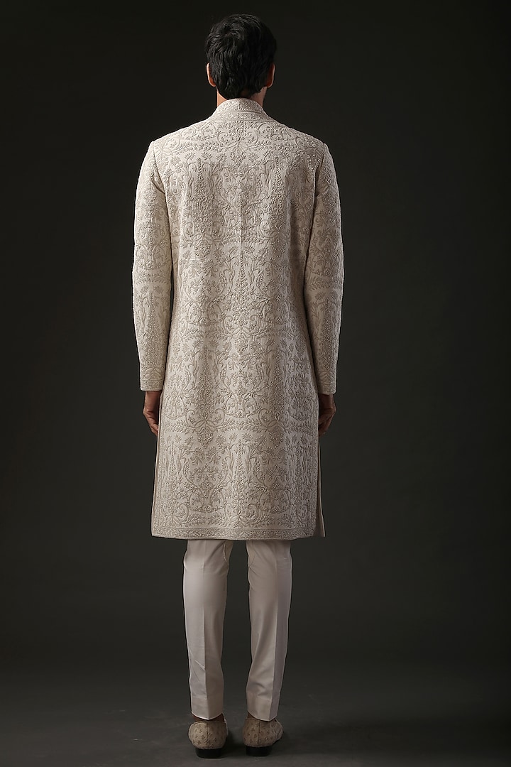 Ivory Matka Silk Resham Embroidered Groom Sherwani by Rohit Bal Men at Pernia's Pop Up Shop