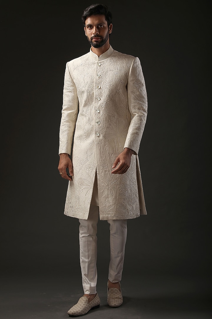 Ivory Chanderi Embroidered Groom Sherwani by Rohit Bal Men at Pernia's Pop Up Shop