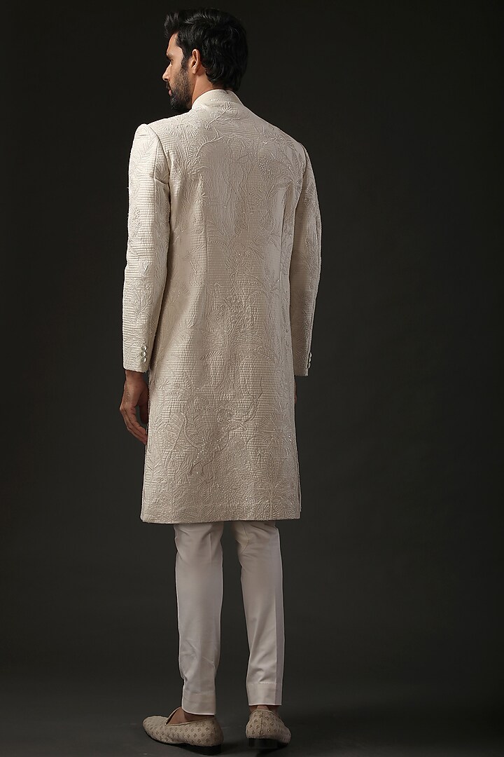 Ivory Chanderi Silk Resham Embroidered Groom Sherwani by Rohit Bal Men at Pernia's Pop Up Shop