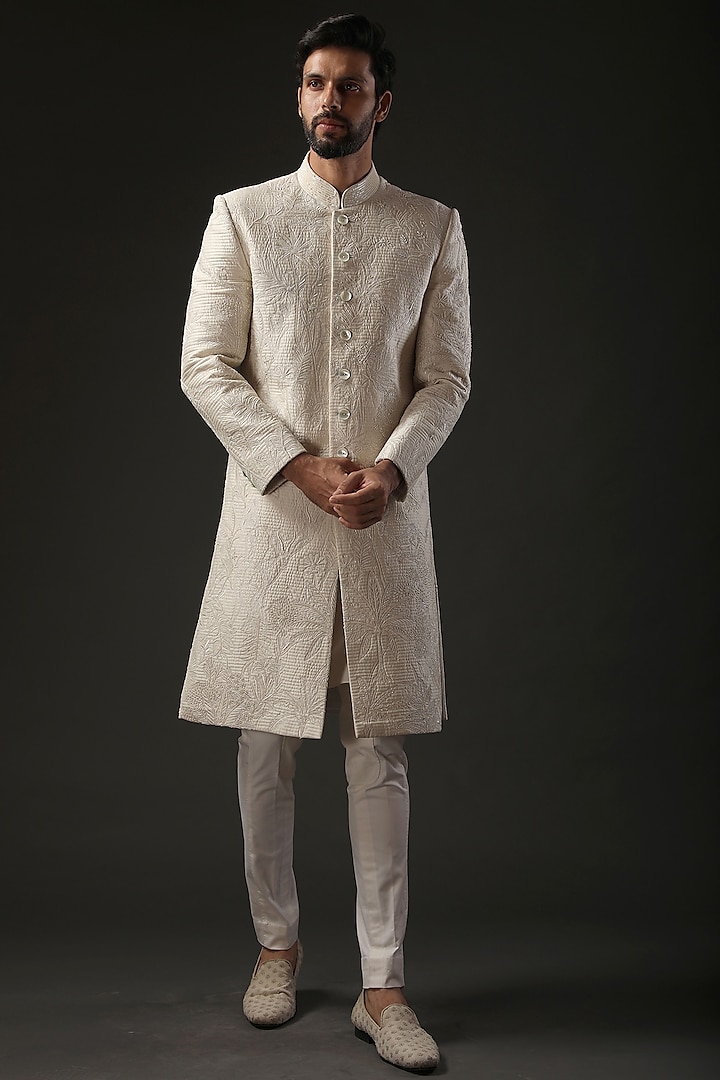 Ivory Chanderi Silk Resham Embroidered Groom Sherwani by Rohit Bal Men at Pernia's Pop Up Shop