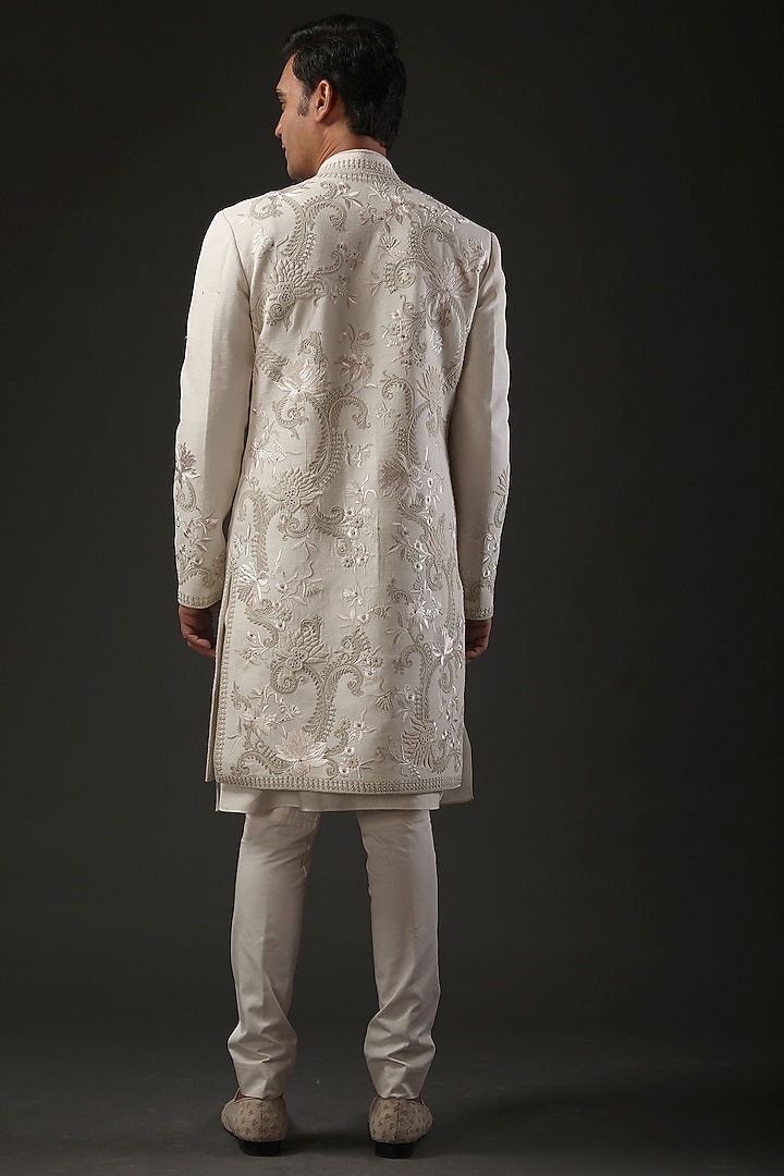 Ivory Matka Silk Resham Embroidered Groom Sherwani by Rohit Bal Men at Pernia's Pop Up Shop