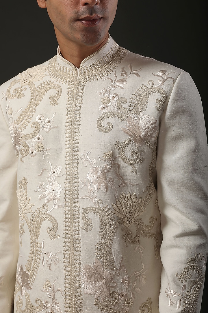 Ivory Matka Silk Resham Embroidered Groom Sherwani by Rohit Bal Men at Pernia's Pop Up Shop
