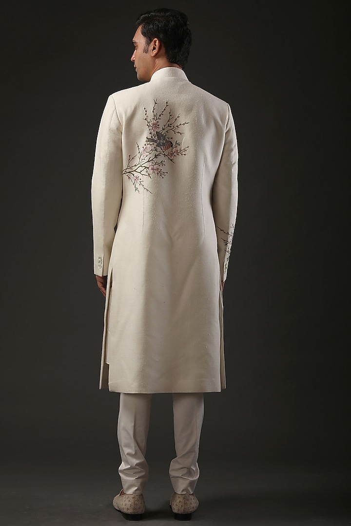 Ivory Matka Silk Resham Embroidered Groom Sherwani by Rohit Bal Men at Pernia's Pop Up Shop