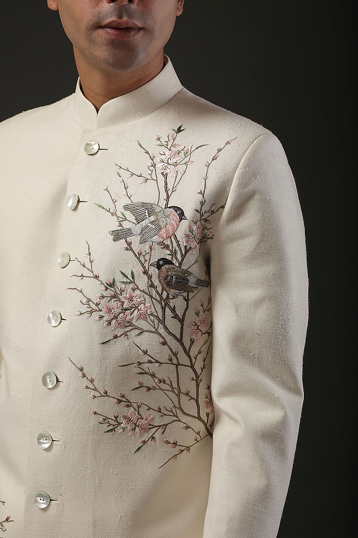 Ivory Matka Silk Resham Embroidered Groom Sherwani by Rohit Bal Men at Pernia's Pop Up Shop