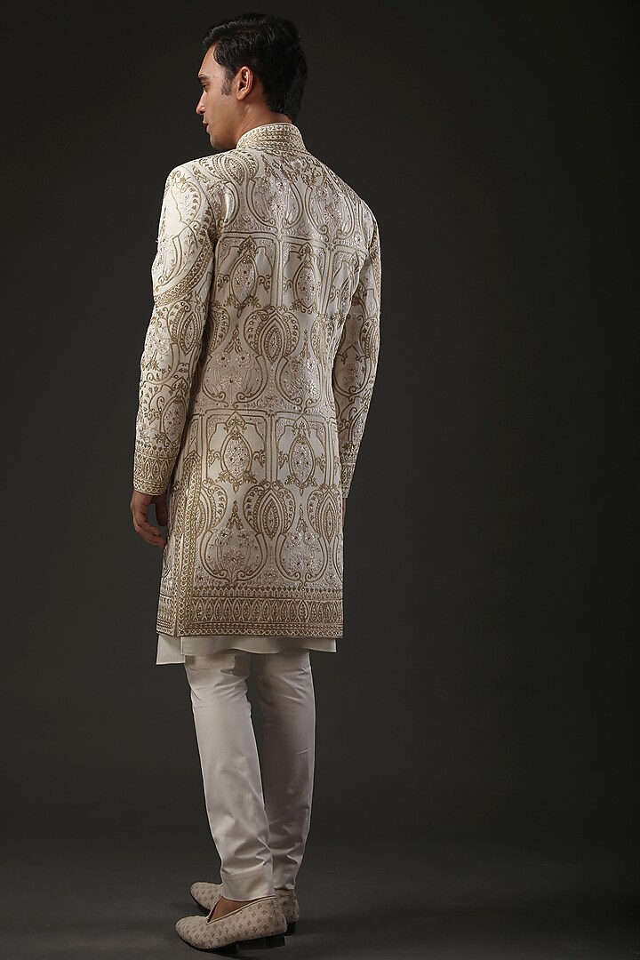 Ivory Matka Silk Zari Embroidered Groom Sherwani by Rohit Bal Men at Pernia's Pop Up Shop