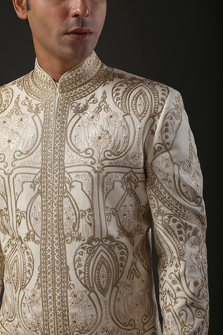 Ivory Matka Silk Zari Embroidered Groom Sherwani by Rohit Bal Men at Pernia's Pop Up Shop
