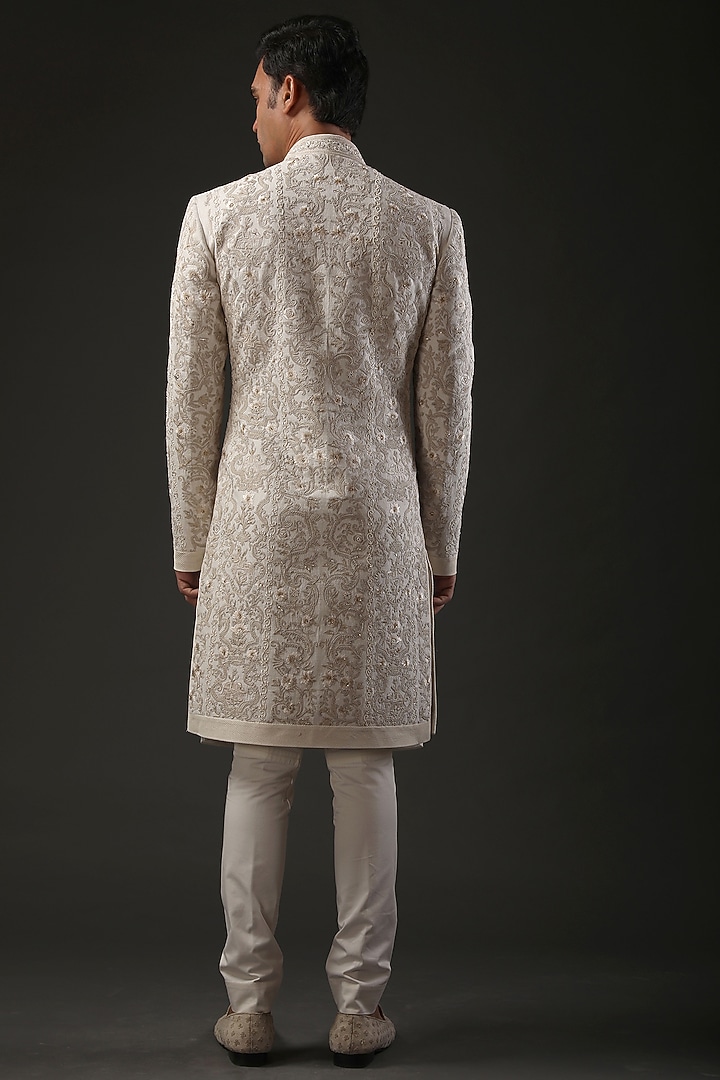 Ivory Matka Silk Resham Embroidered Groom Sherwani by Rohit Bal Men at Pernia's Pop Up Shop