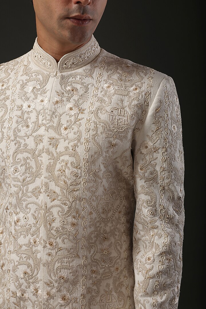 Ivory Matka Silk Resham Embroidered Groom Sherwani by Rohit Bal Men at Pernia's Pop Up Shop