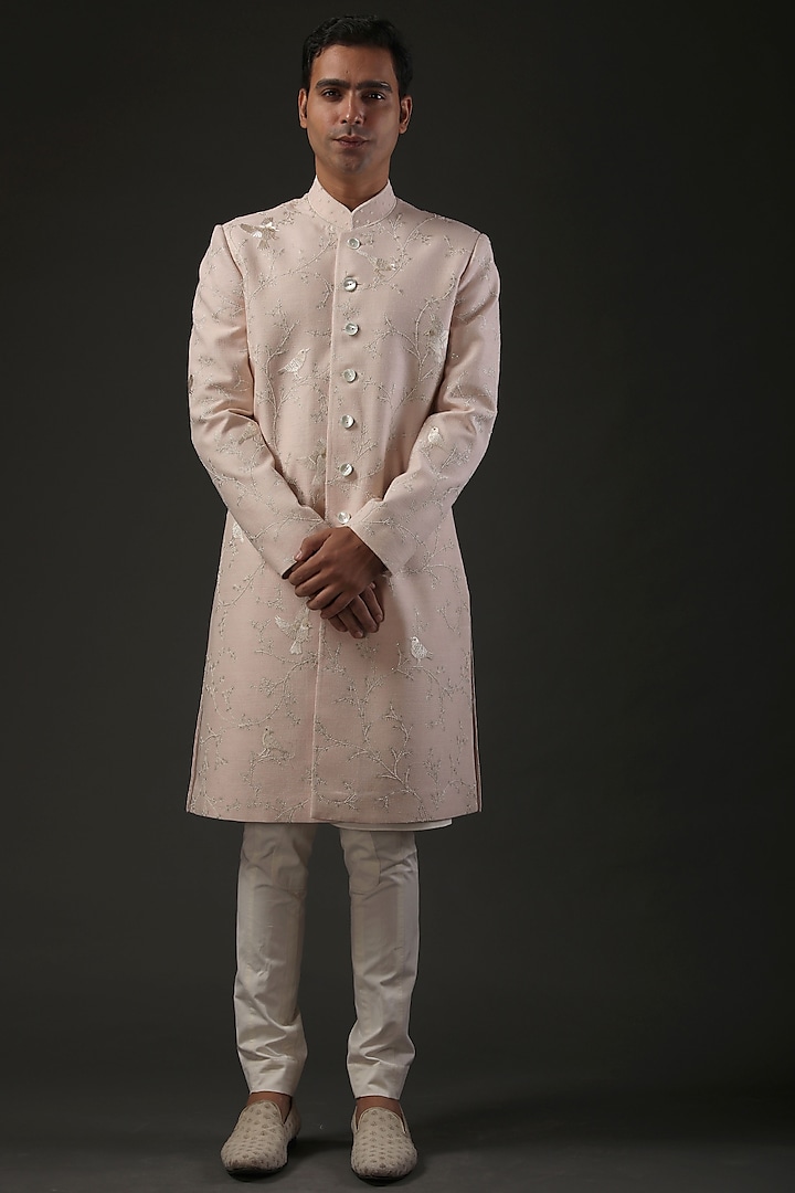 Pink Resham Embroidered Sherwani by Rohit Bal Men