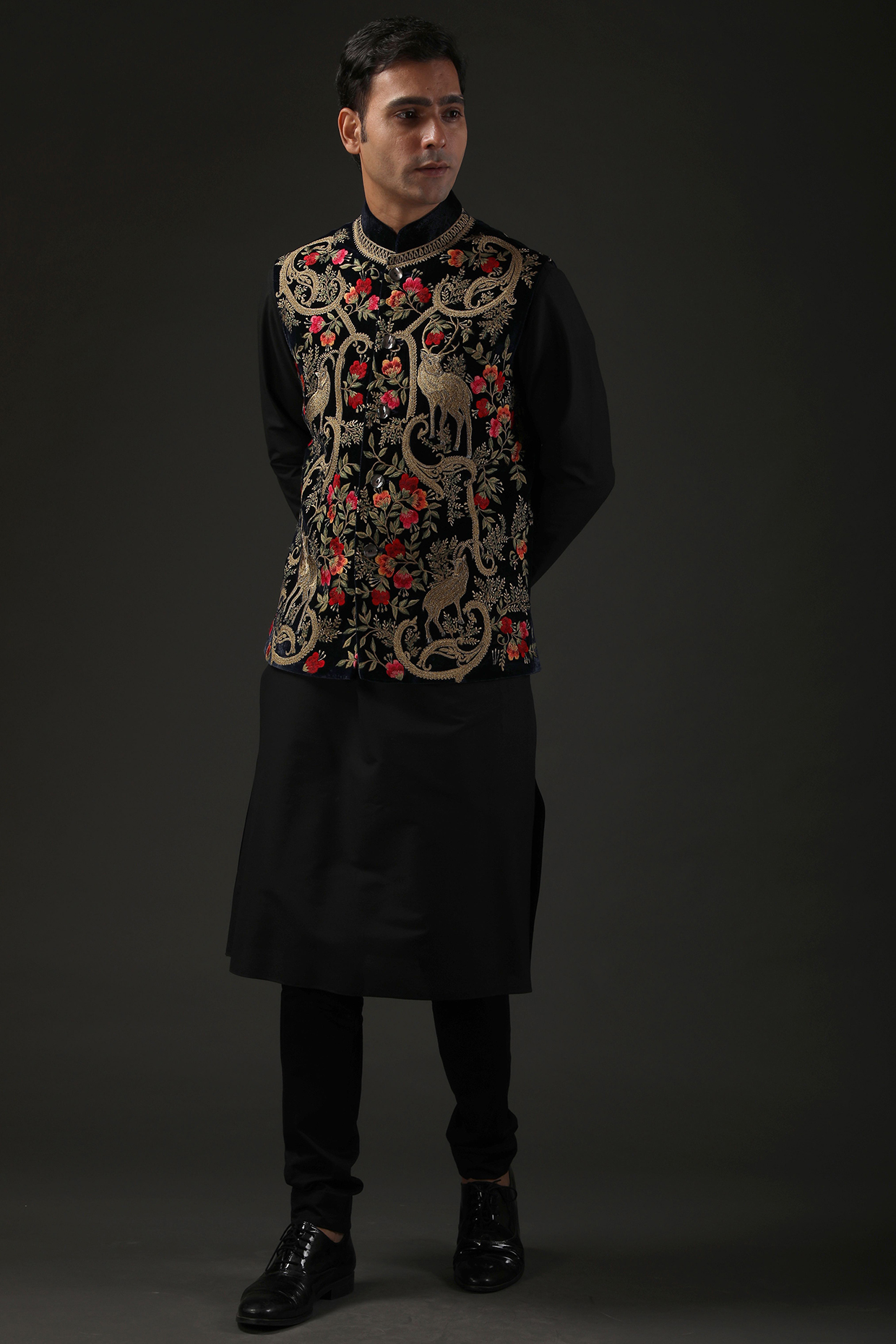 Black Zari Embroidered Nehru Jacket by Rohit Bal Men